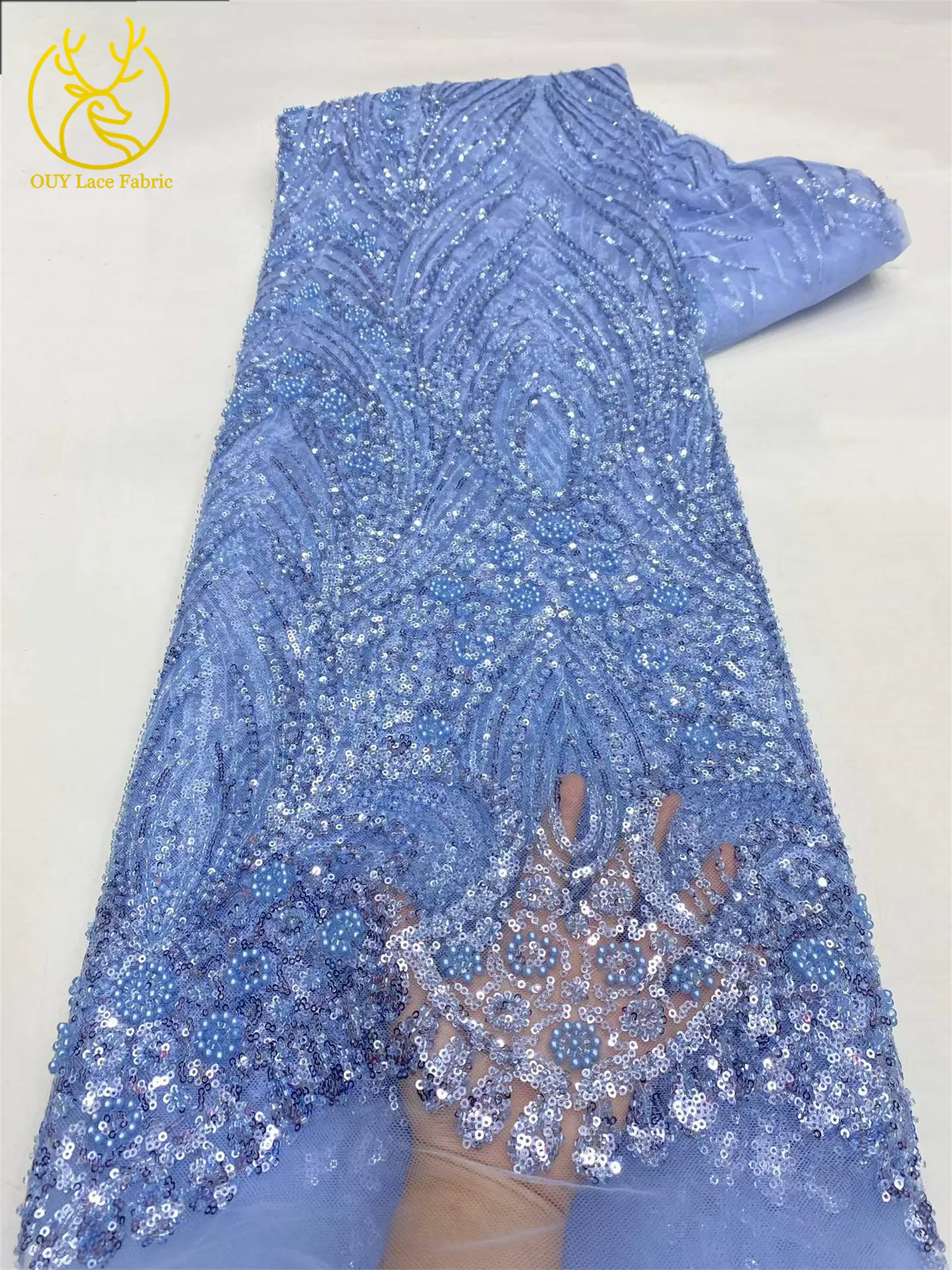 Grüner Afrikanischer Spitzenstoff 2026 Hochwertige Pailletten Tüll Französische Mode Netzspitze Abendkleid Stickerei Nähen – Detail 8