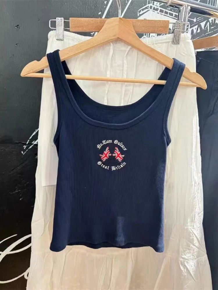 Navy Blue Embroidery Flag Camisole Ribbed Vest For Women Summer Sleeveless Slim Base Shirt Street Outer Wear Y2K Crop Tops