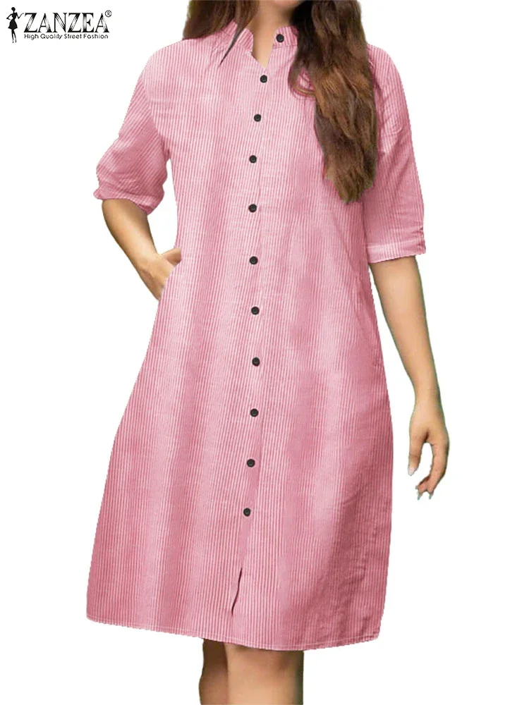 ZANZEA Abito camicia moda donna 2025 Abito autunnale Casual Mezza manica Bottoni Abito longuette Elegante lavoro agitato Vestito estivo Abiti