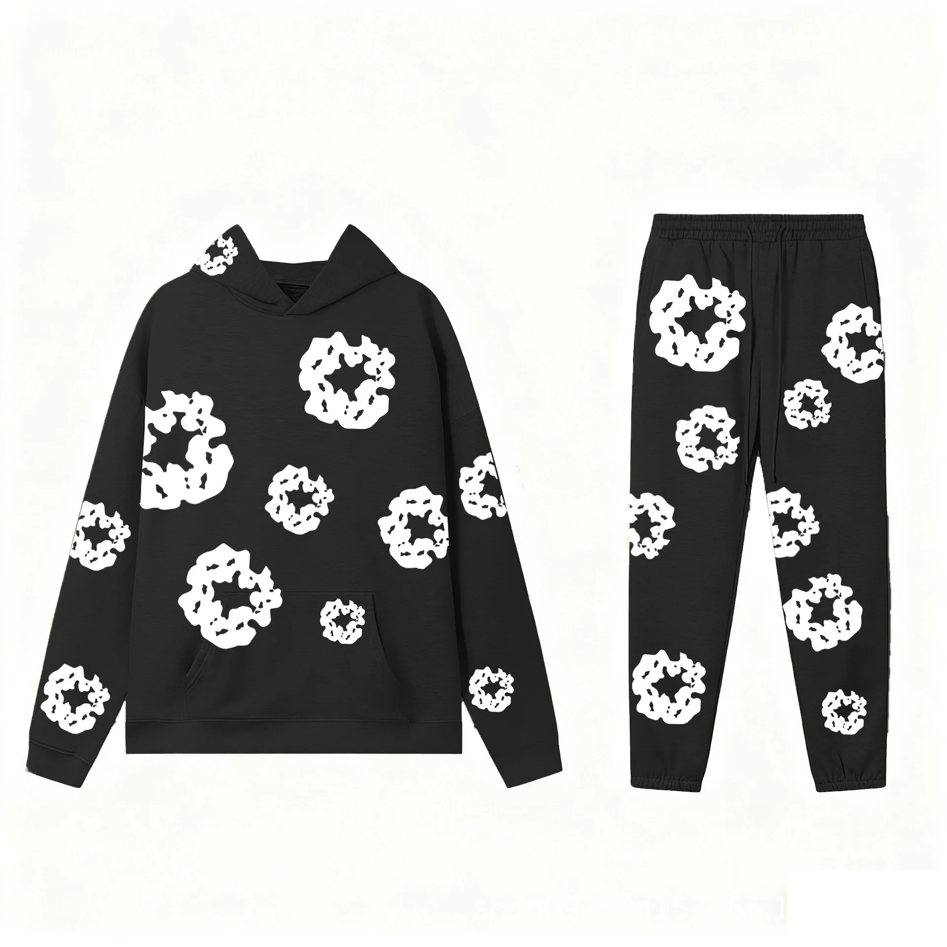 2Pcs Tracksuit Y2K Wreath Print Hoodie Jogger Pants Set Oversized Hooded Sweatshirt Elastic Cuff Sweatpants Hip Hop Streetwear