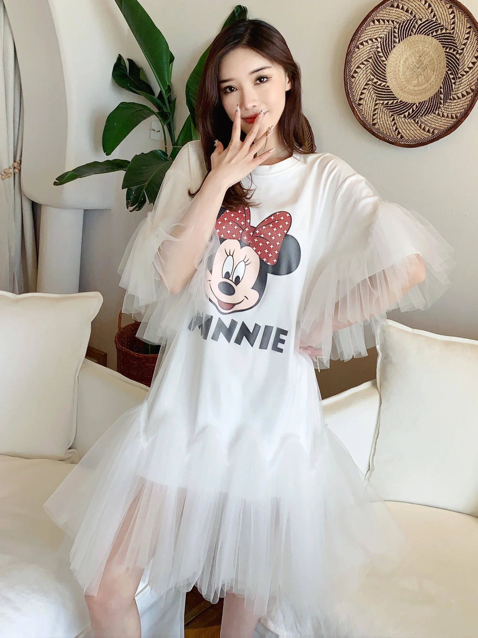 Summer New Sweet Cartoon Printed Short Sleeve Loose T-shirt Women Stitching Puffy Mesh Yarn False Two Pieces Veil T-shirt Dress