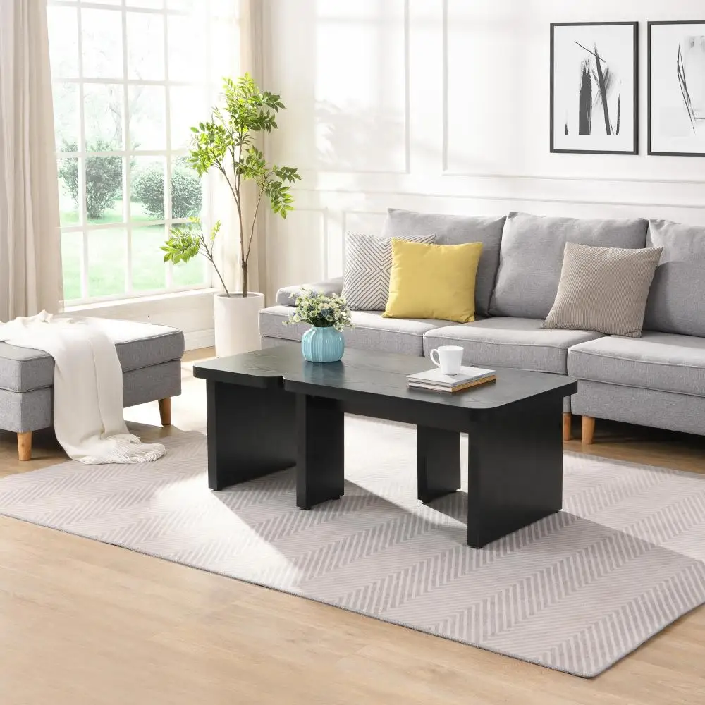 

Detachable L-Shaped Wood Coffee Table (47.24×23.62 &35.43×31.49 inch), Black for Dining Room/Garden