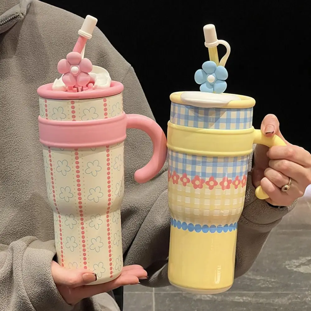 

Kawaii 1200 мл соломенный термос, керамическая внутренняя чашка из нержавеющей стали с соломинкой для питья, большая емкость, герметичная чашка-термос для офиса