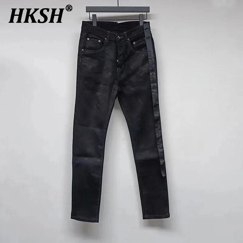 HKSH Spring Summer New Waxed Denim Pants RO Style Handmade Coated Surface Straight High Street Elasticity Jeans Dark Chic HK3646