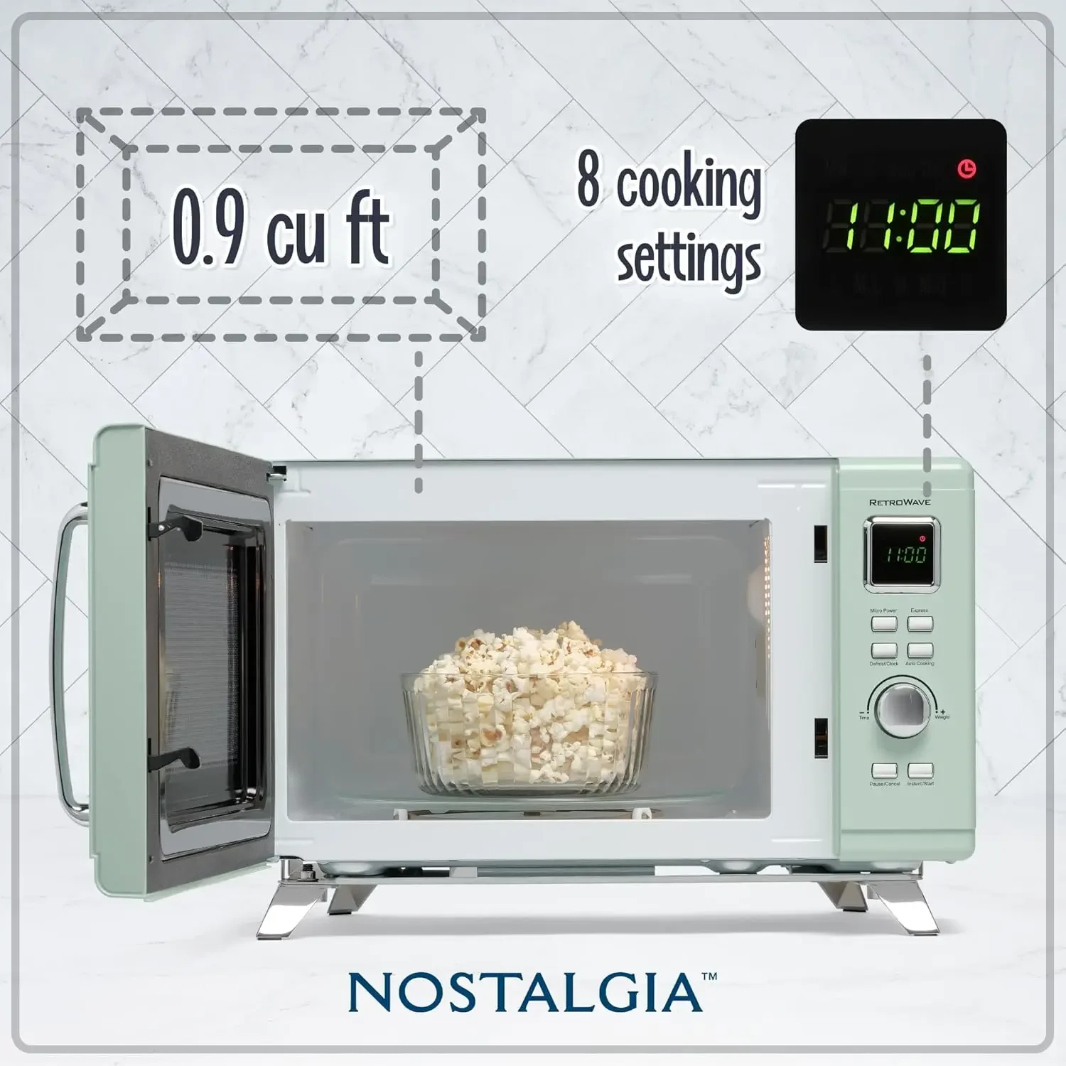 Mid-Century Retro Countertop Microwave Oven  Large 900-Watt 0.9 cu ft 8 Pre-Programmed Cooking Settings Digital Clock - K