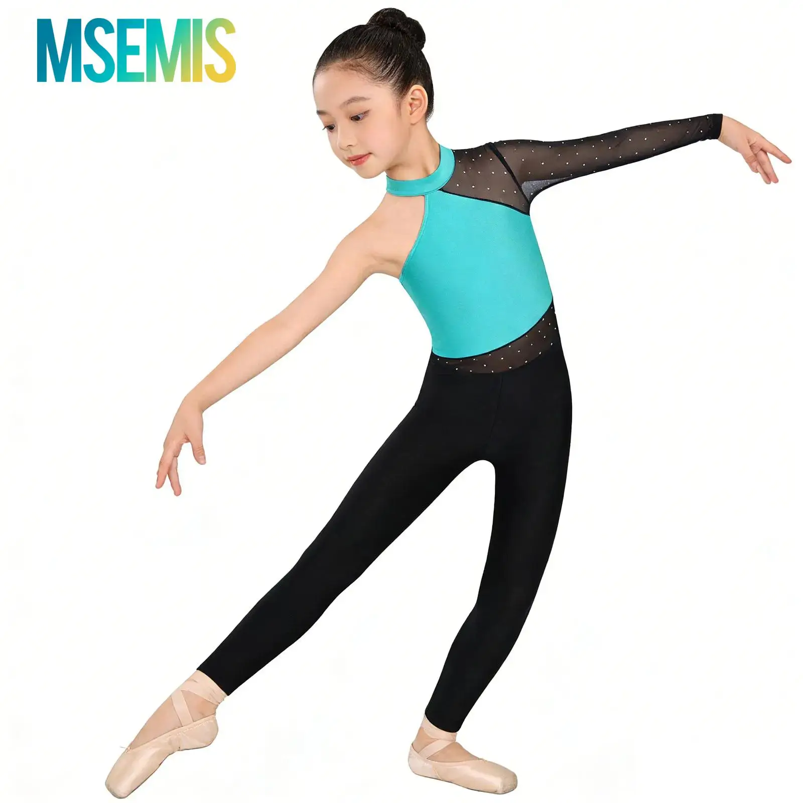 

Kids Girls Gymnastics Figure Skating Jumpsuit Glittery Rhinestone Dancewear Sheer Mesh Bodysuit Ballet Dance Performance Costume