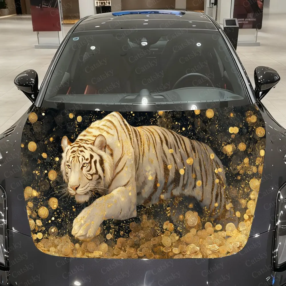 ゴールデン-グローで包まれたホワイト-タイガー-カービニールラップ、pvc防水カーフードステッカー、自己粘着性傷防止ステッカー