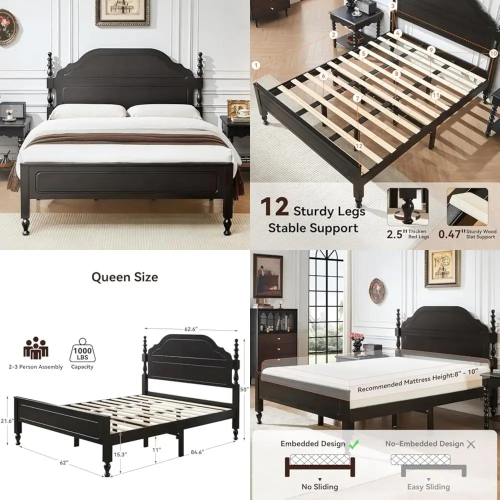 Queen Size Solid Wood Bed Frame with Vintage Style, Headboard and Footboard, Durable Heavy Duty Design