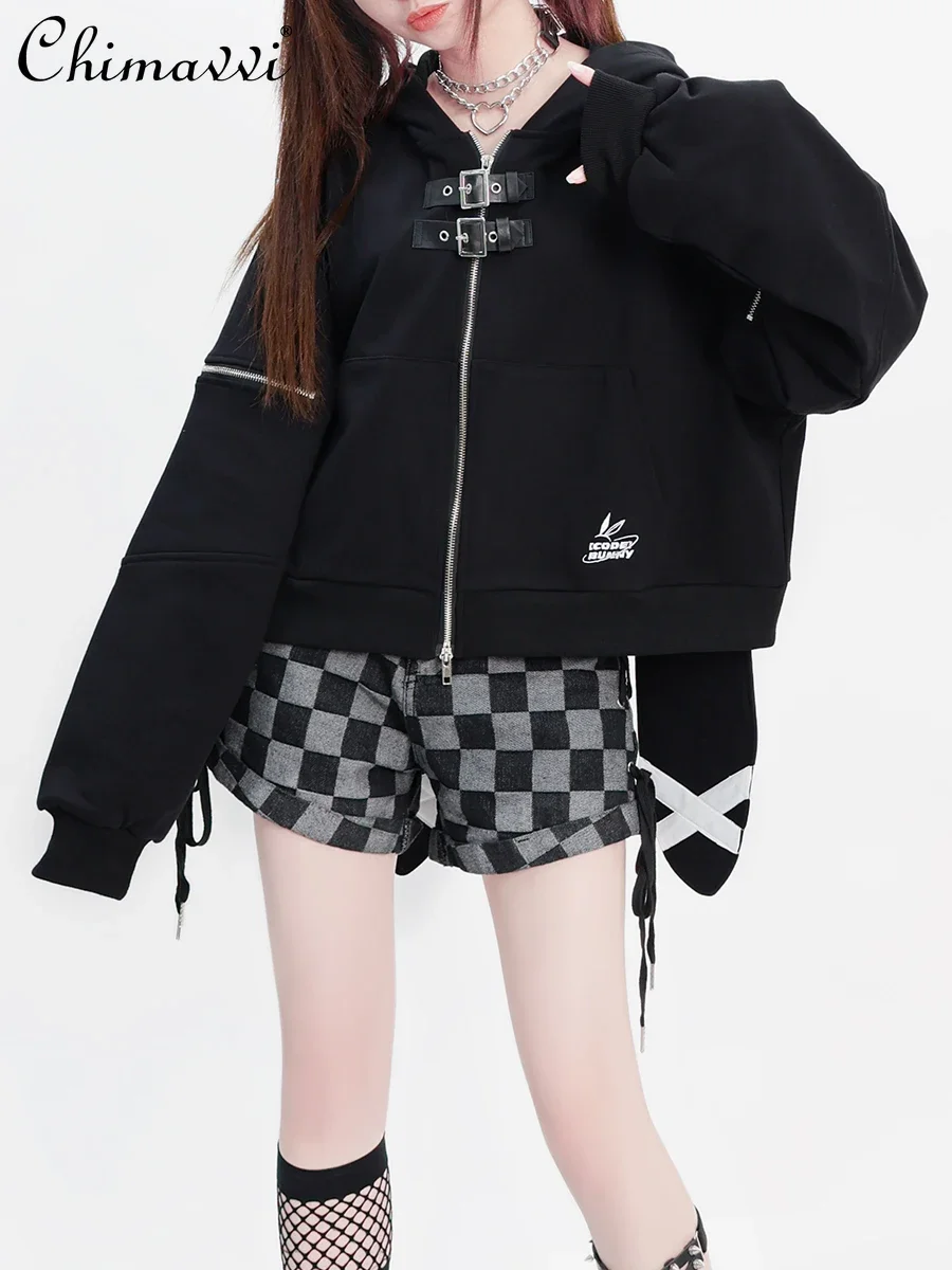 2024 Autumn Winter Japanese Style Cute Girl Rabbit Ears Zipper Hoodies Womens Loose Solid Color Short All Match Sweatshirt Coat