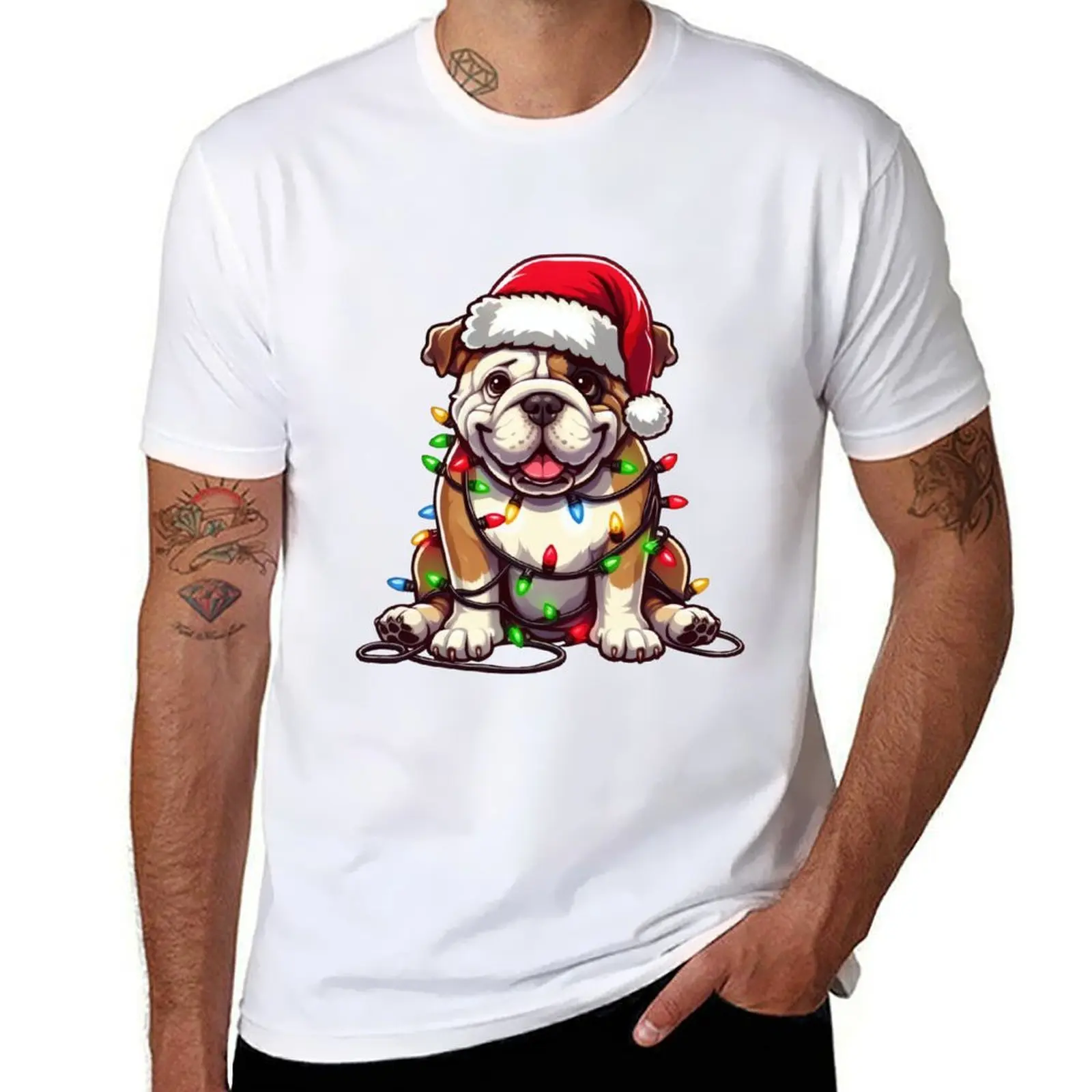 

Bulldog Christmas T-Shirt man t shirts for men black cotton t-shirt plain for man package T-Shirt
