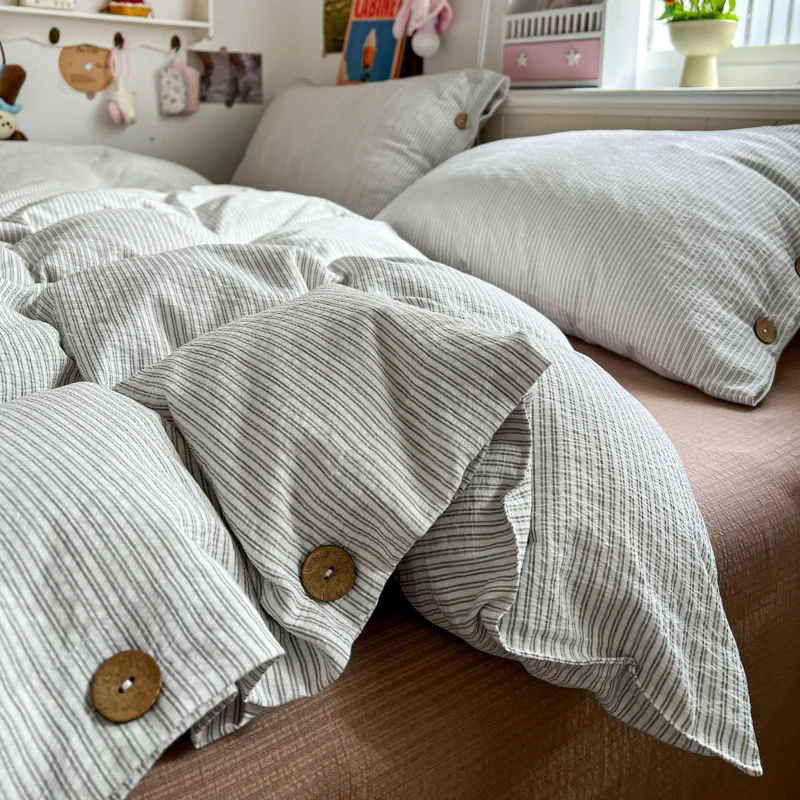 3/4Pcs Bedding Set Futon Minimalist Striped Button-Down Style 100% Washed Cotton Set Single Bed Sheet Set Full-Size Four-Season