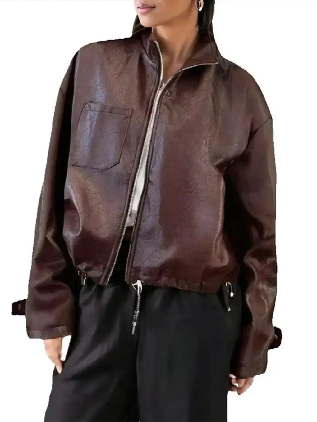 2025 nuove donne di modo vintage bordeaux ecopelle giacche corte femminile elegante allentato tasca con cerniera PU cappotti da strada abbigliamento