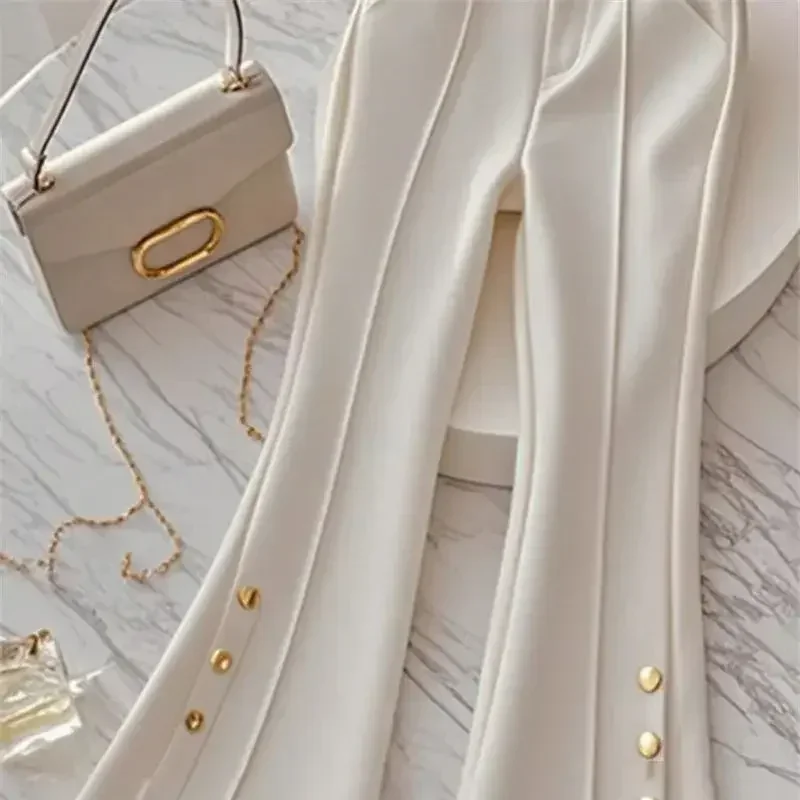 New Luxury Slim Women\'s Pants High End Fashion Design Buttons Elegant White Flare Trousers High Waist Office Lady Pants Clothing