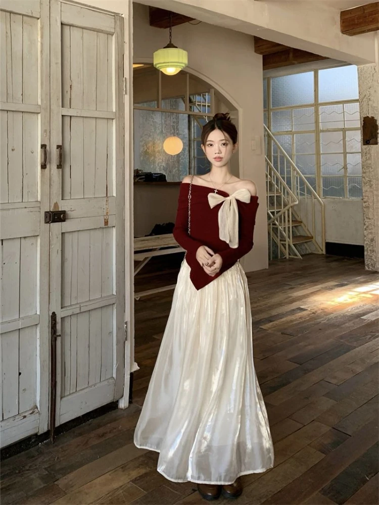 

Women's Fashion Heiress Set Dress One Shoulder Bow Long Sleeve Knit Top Shimmering Chiffon Patchwork Midi Skirt