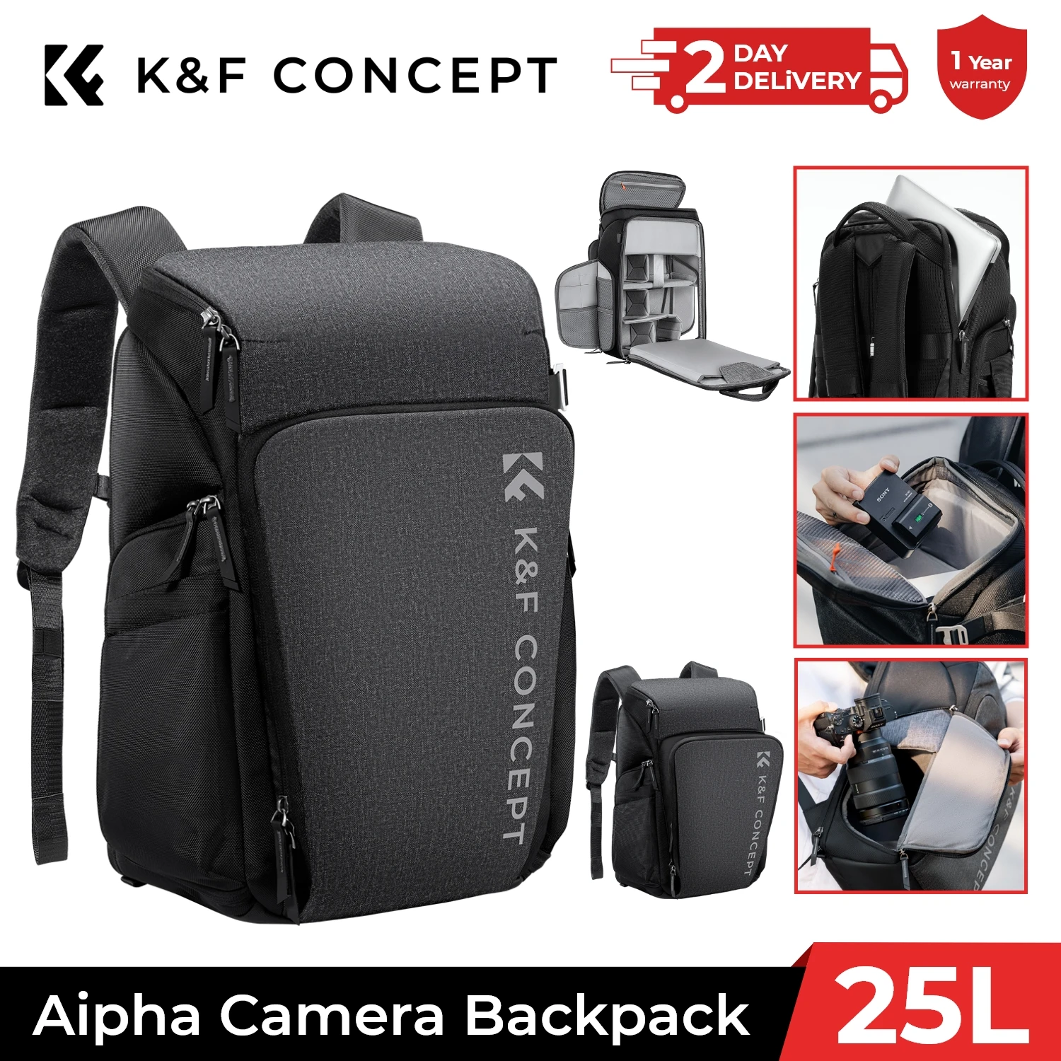 K&F CONCEPT 25L Professional Camera Bags for Photographers Camera Case Waterproof Photography Camera Backpack With Tripod Holder