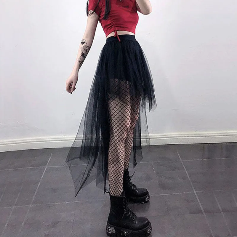 Rok Tulle hitam Gotik untuk wanita, rok Streetwear pinggang tinggi modis musim panas, Rok Midi tidak beraturan untuk wanita Seri gelap, rok jahitan Punk