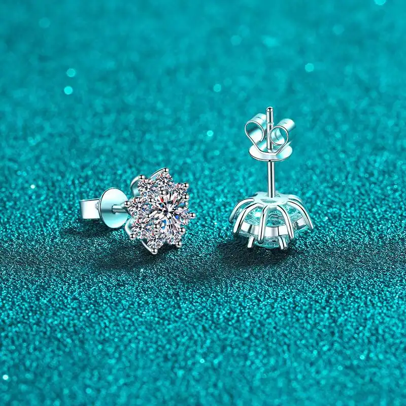 Sterling Silver Platinum & Rhodium Plated Flower Shape Stud Earrings with Round Cut 1-2 Carat Moissanite Unisex Wholesale