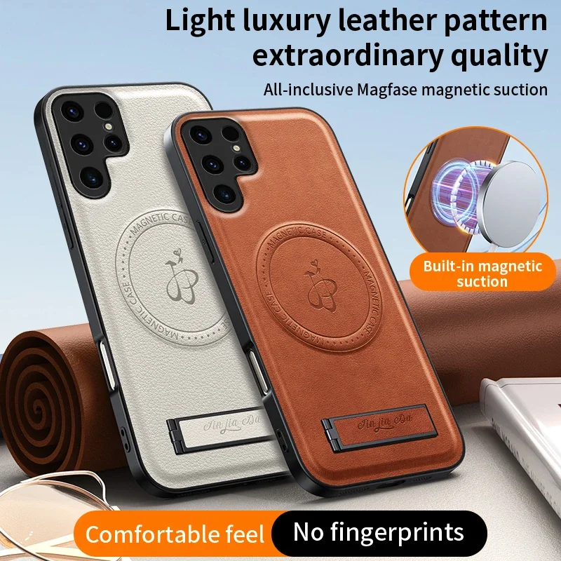 Busine Sle Leather Stand Phone Case for Samsung Galaxy S25 S24 S23 S22 FE Ultra Plus Magnetic Magsafe Shockproof Camera Cover