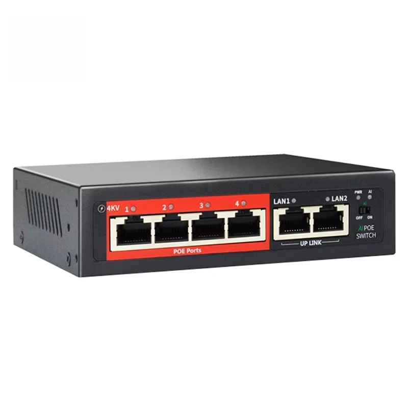Factory OEM/ODM 4 POE Port 2 Uplink Megabit POE Switch AI Watchdog Extend Mode IEEE802.3AF/AT Megabit Switch for Ip Camera Cctv