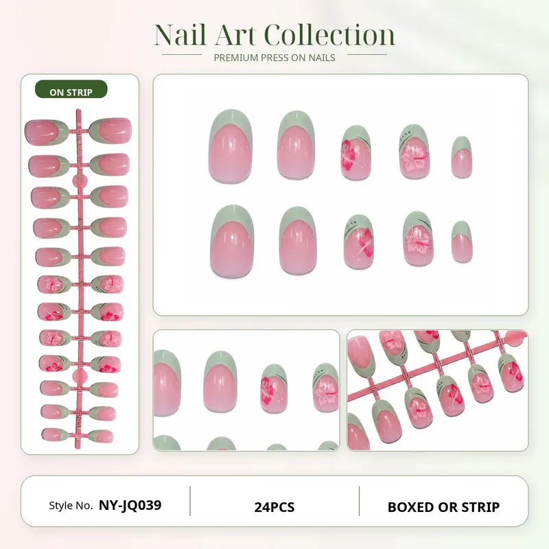 Mint Green Tiny Red Floral French Press On Nails Oval Nude Base Shape Popular In Europe And America 24Pcs Finished Nail Tips