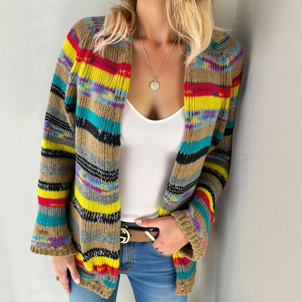 

UNIKTEE женский кардиган с длинными рукавами, повседневная мода, дизайн в полоску, пуговицы спереди, осень-зима, прилично для женщин