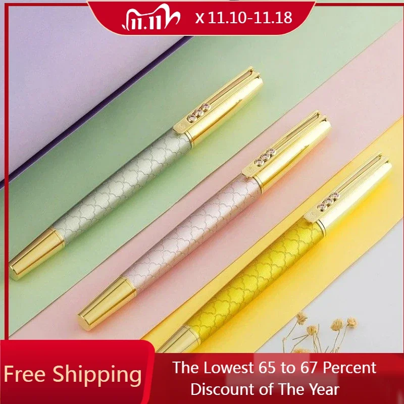 HERO HS210 Fountain Pen Iridium Gold F 0.5MM Nib,High End Retro Yellow Colors Replaceable Ink Bag for Ink Absorption Ink Pens