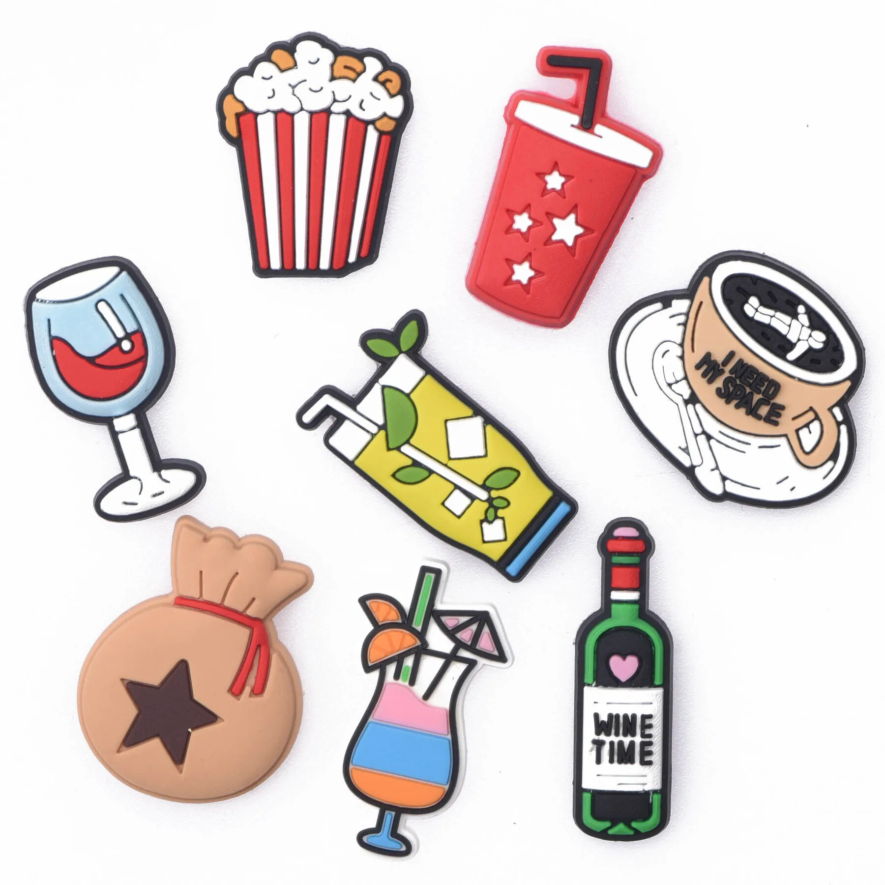 Breloques de chaussure de jus de vin de dessin animé, décoration de chaussure de café de pop-corn, belle coupe, décoration de bracelet de sandales, 1 à 8 pièces, nouveaux clics