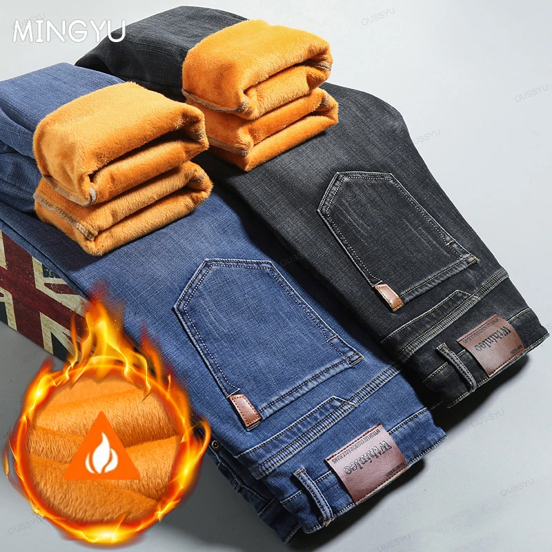 Brand Clothing Winter Warm Fleece Jeans Men Business Thicken Stretch Pants Blue Denim Pants Velvet Flocking Plush Trousers Male