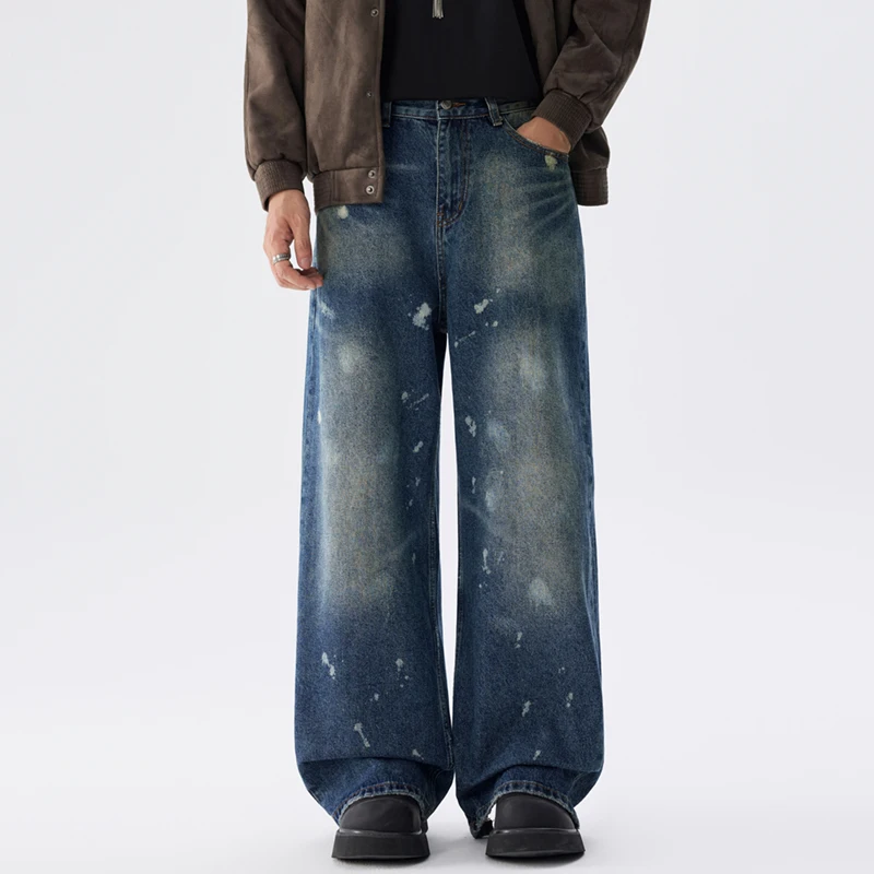 High Street Vintage Washed Distressed Men's Splashed Men's Jeans Personality Casual Wide Leg Pants 2026 Spring Autumn New