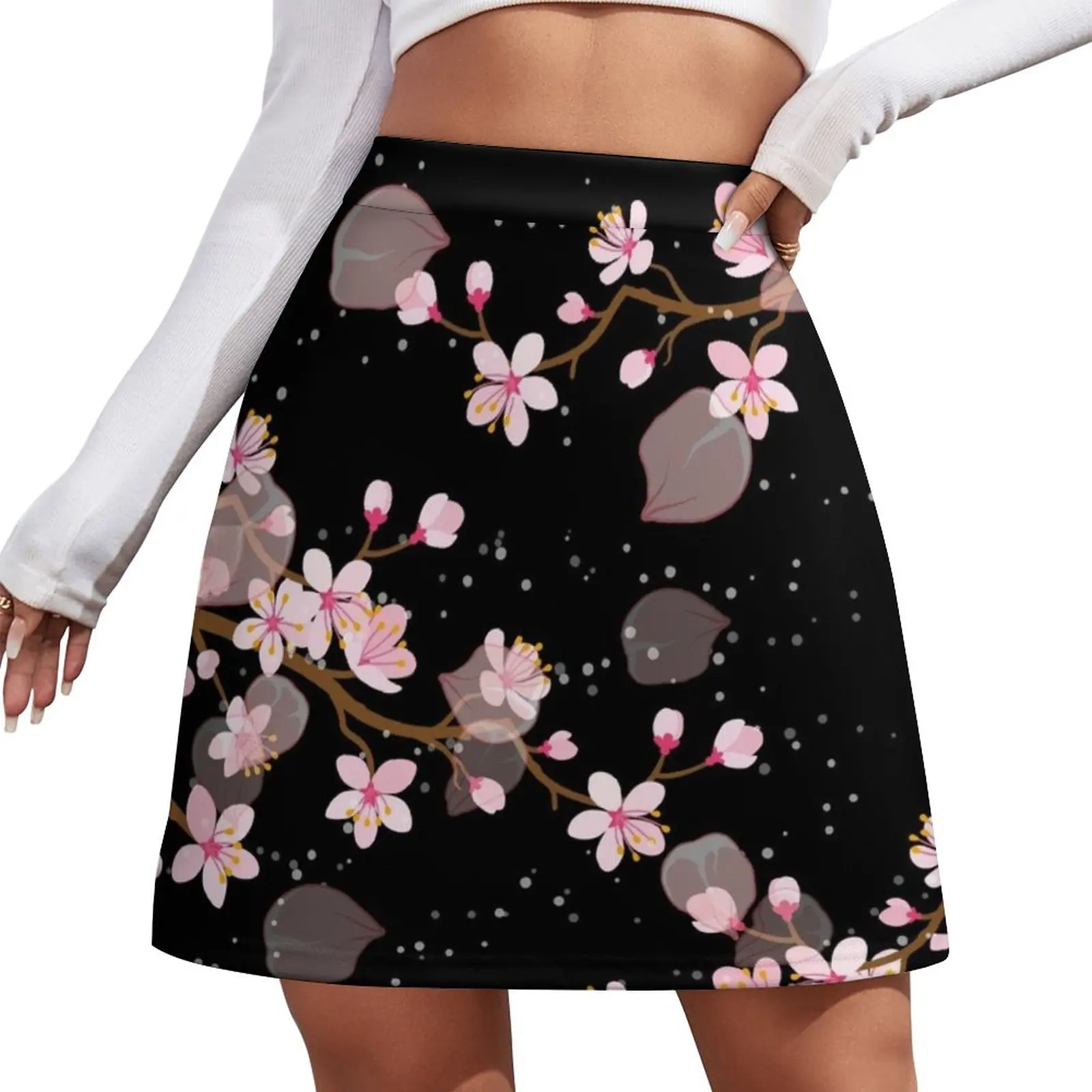 

White and Pink Japanese Cherry Blossom Floral Seamless Repetition pattern on Black Mini Skirt rave outfits for women