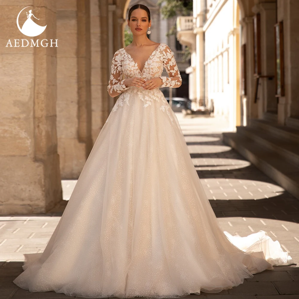 Aedmgh a linha vestidos de casamento do vintage com decote em v manga longa sem costas vestido de novia rendas apliques brilhante feito sob encomenda vestido de noiva