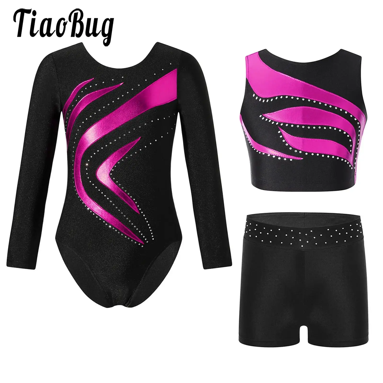 

Kids Girls Sport Outfit Gymnastics Ballet Dance Performance Costume Long Sleeve Metallic Leotard Crop Top and Waistband Shorts