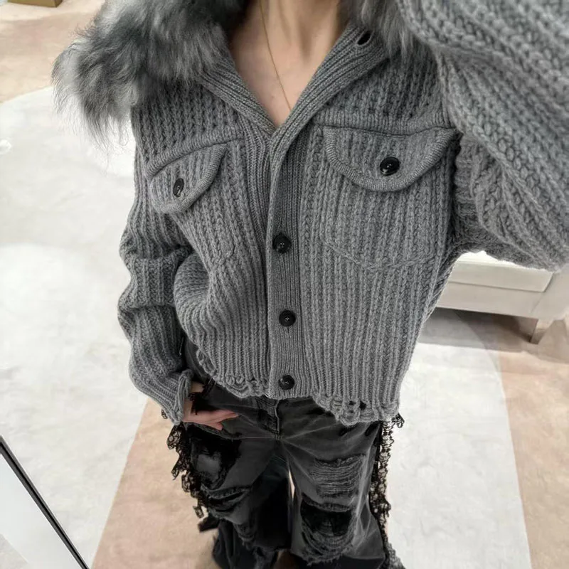 

Женский кардиган с отстегивающимся меховым воротником, длинный рукав, на зиму 2025, из смесовой шерсти, однобортный свитер-пальто