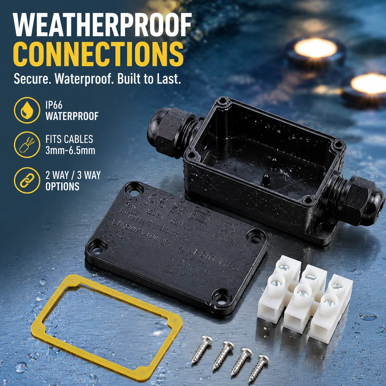 IP66 Waterproof Junction Box 2 Way 3 Way Cable Connector, PC Plastic Outdoor Electrical Box for Underwater Lights, 3mm-6.5mm