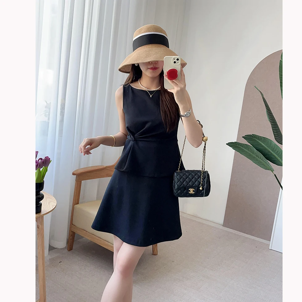 E e divertido ~ verão de um ombro sem mangas cintura apertada nó 3D psado  vestido falso de duas peças