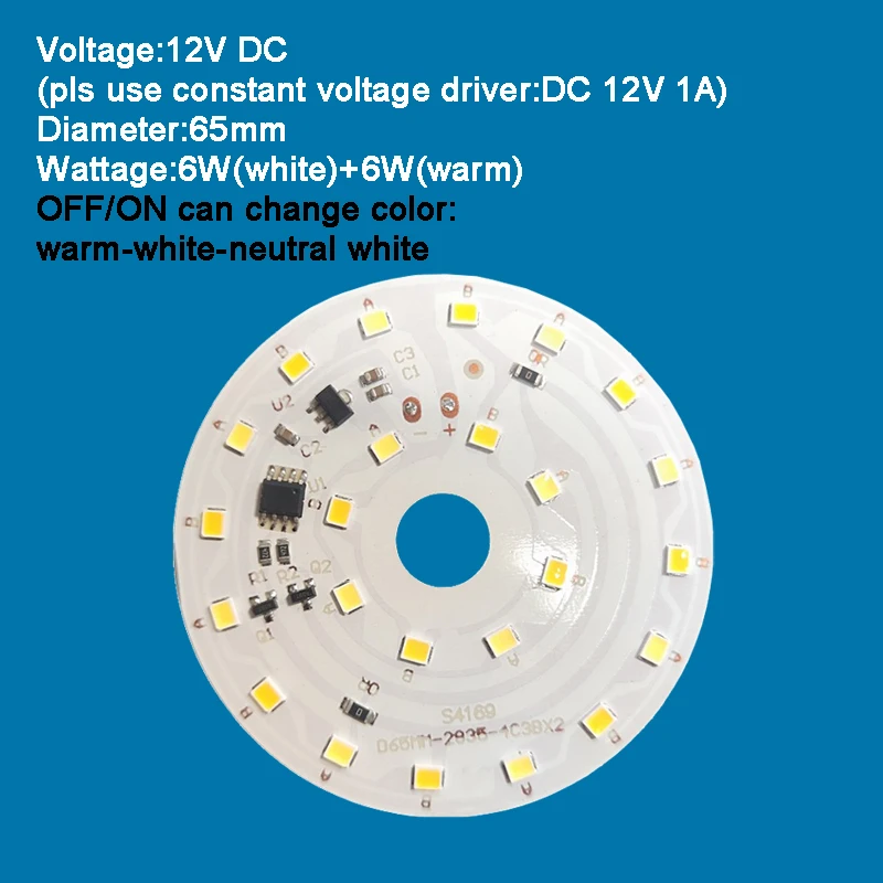 12V 6W 65mm Trójkolorowa lampa LED Żarówka Okrągłe źródło światła