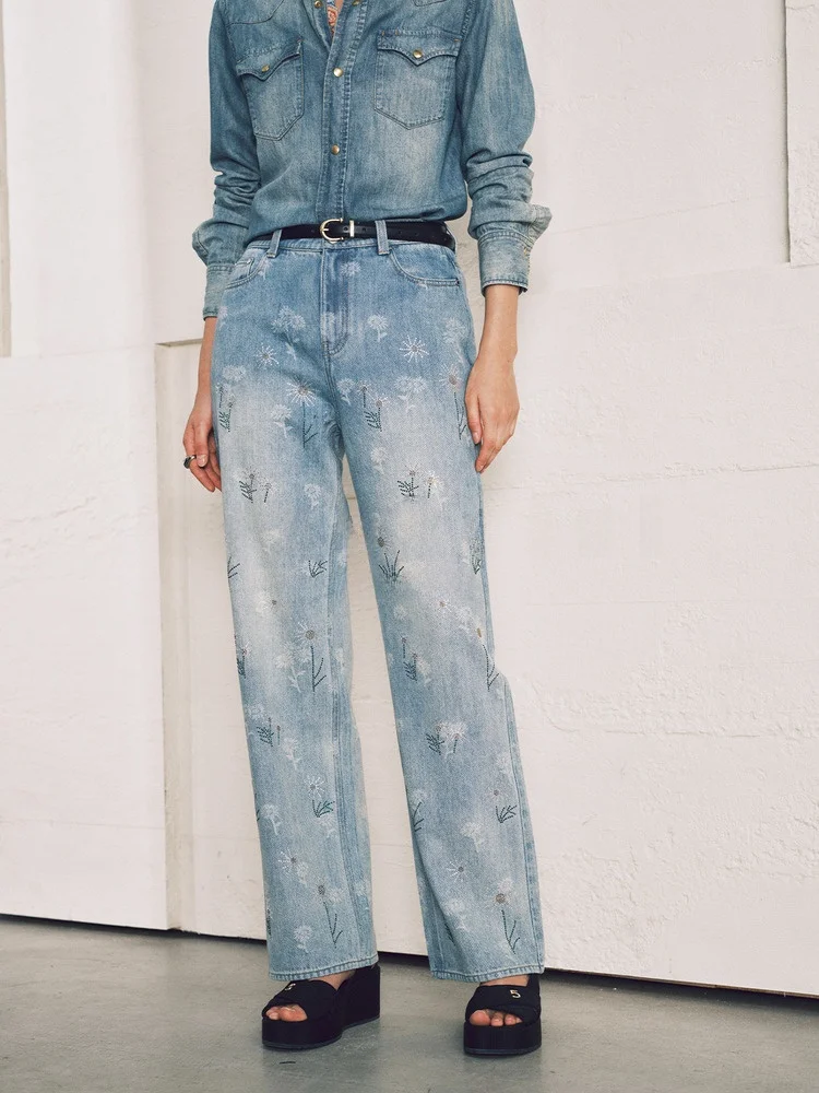 

Джинсы Blanini ISKO Daisy с декоративными элементами, широкие, повседневные, женские, прямого кроя, без эластана, с эластичным поясом