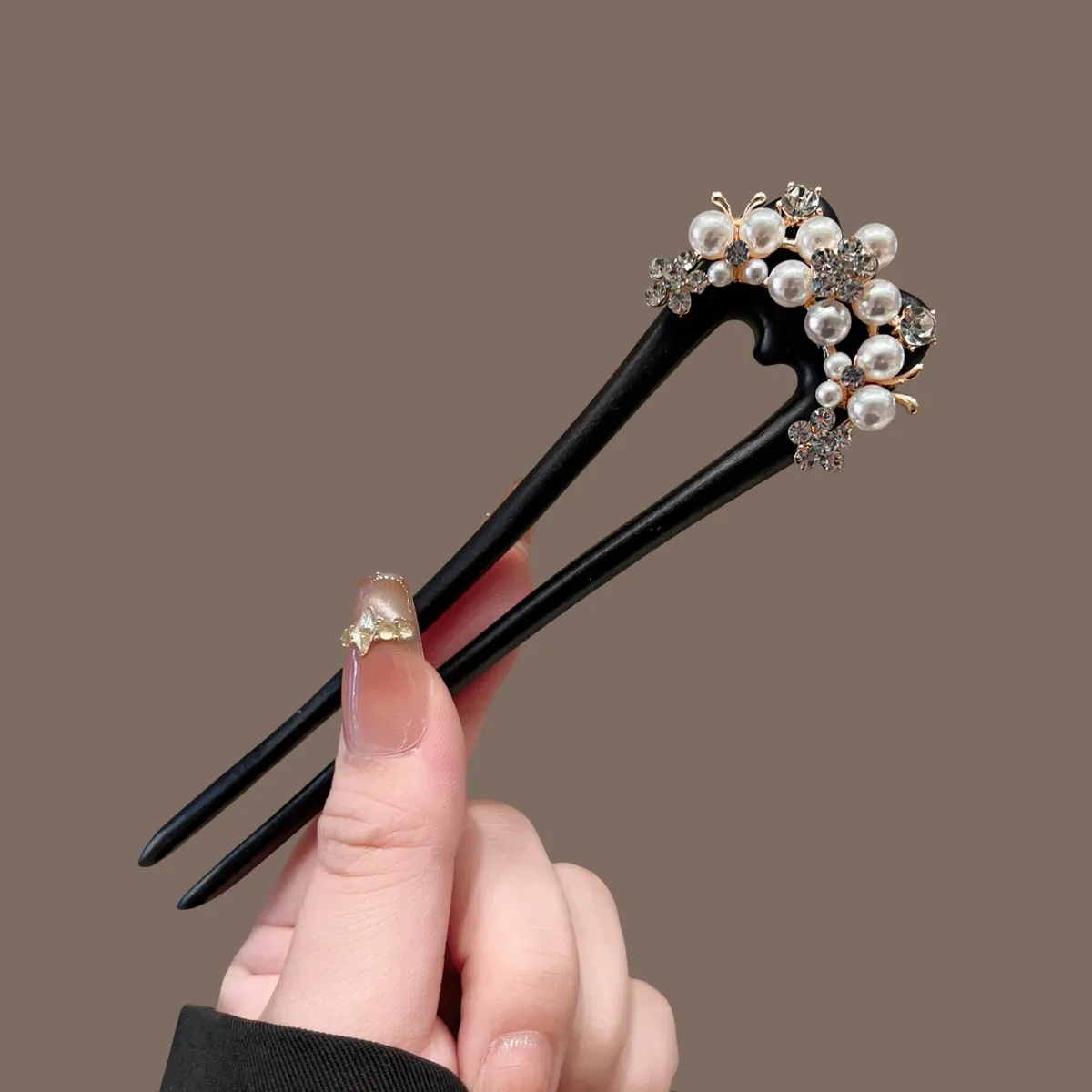 Ebony U-shaped Hair Pins New Chinese Ancient Style Hair Fork Pearl Shiny Rhinestone Headwear For Women Hanfu Bun Hair Acceorries