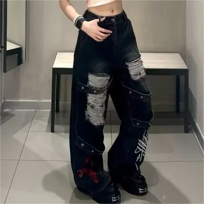 Black Ripped Wide-Leg Denim Pants for Women Fall 2025 New Arrival High-Waisted Slimming Loose Floor-Length Jeans
