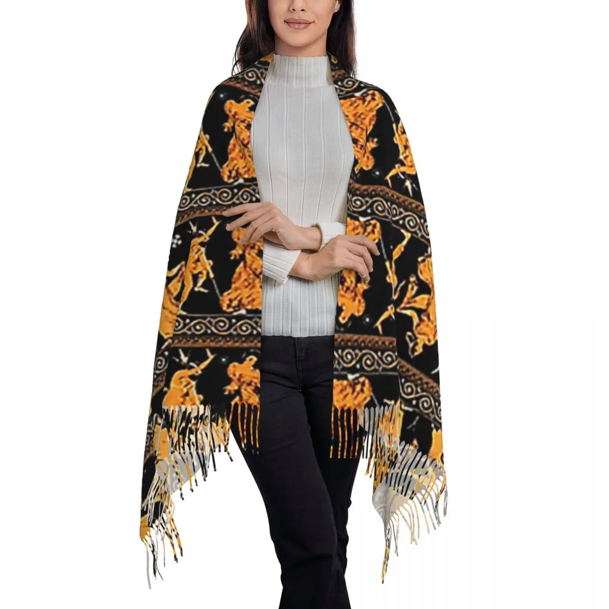 Bacchanalia Greek Vase Attic Red Figure Scarf Tassel Scarves Women Soft Warm Shawls and Wraps Large Fall Winter Shawl Wrap