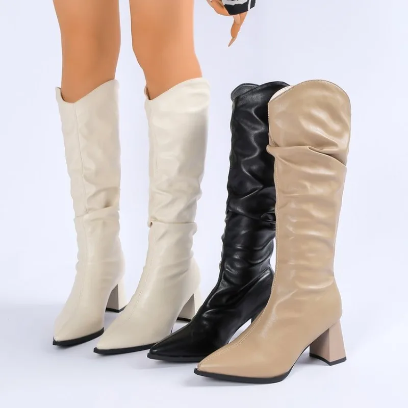 Women's Long Tube Pleated Pile Boots 2026  New Style Leather Surface Pointed Toe Thick Heel Tube High Heel Boots