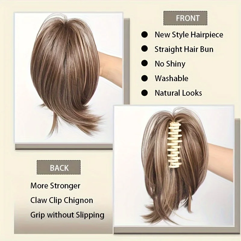 Moño elegante con clip de cangrejo y scrunchie, extensión de cabello sintética lisa con chignon y cola de caballo para mujer 4