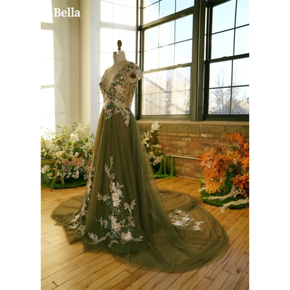 Bella Green Tulle robes de soirée Lace Embroidery V-neck A-line Prom Dresses Elegant Sleeveless Floor-length Wedding Dress 2024