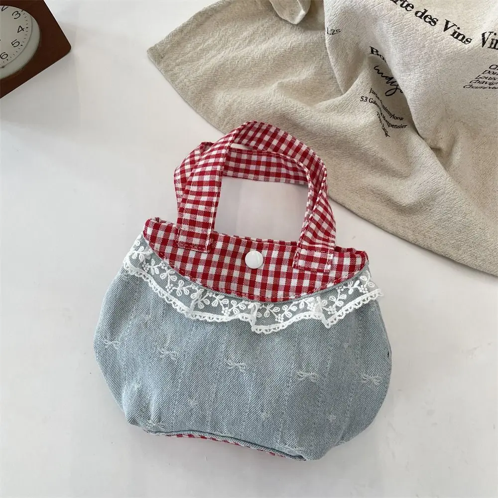 

Portable Korean Style Fresh Lace Handbag Sweet Bow Denim Plaid Handbag Commuting Lovely Cute Coin Purse Students