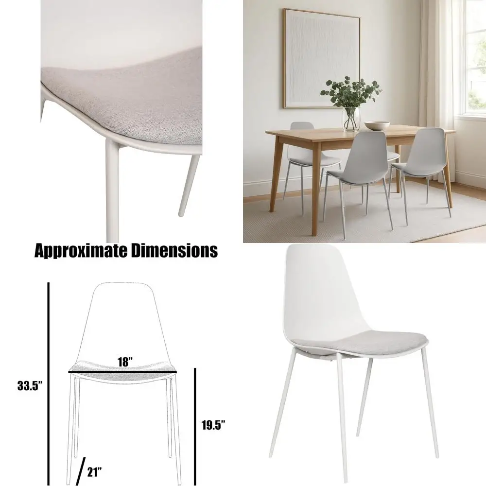 

Белый тканевый обеденный стул с мягким сиденьем, металлическими ножками и пластиковым сиденьем для использования в помещении или на улице