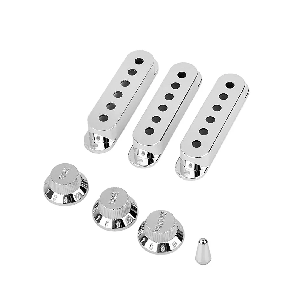 7pcs Silver Guitar Pickup Cover and Knobs Tip Set (Chrome) Single Coil Pickup Cover Volume Tone Knob Tip