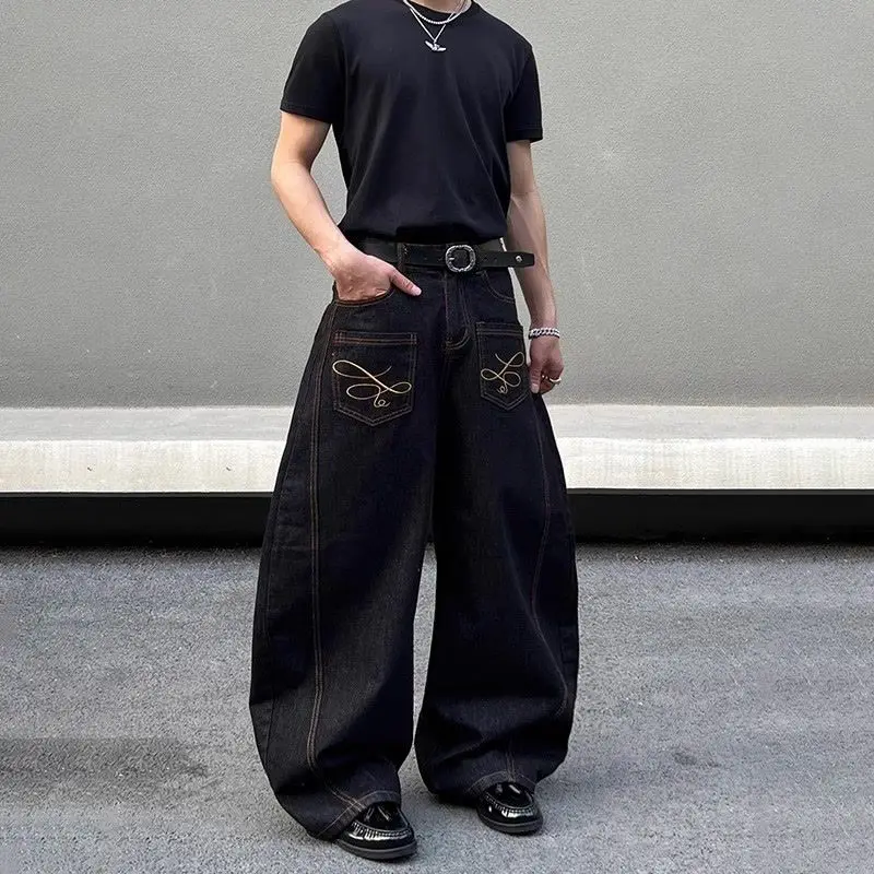 

Foufurieux American Fashion Embroidered Design Curved Knife Jeans Men's Wide Leg Loose Casual High Waisted Pants Male Clothing