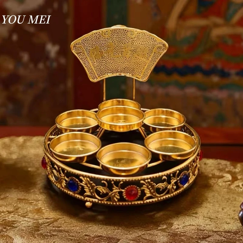 Tibetan-Style Butter Lamp Holder Alloy with Inlaid Gem Inlay Buddhist Altars Lamp Single-Row Seven-Star Lamp Holder Candle Stand