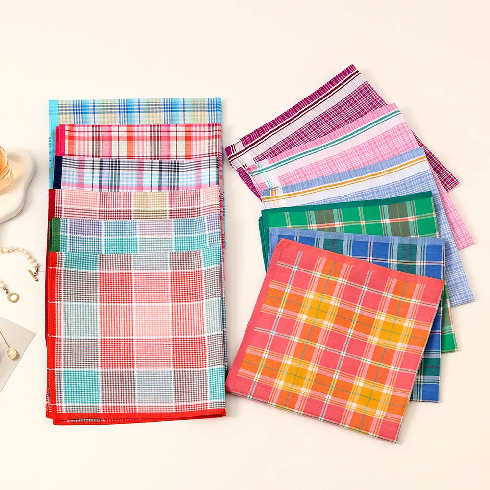 

6pcs Classic Plaid Woven Cotton Handkerchief Soft Absorbent Square Hanky Portable Sweat Wiping Daily Hand Towel 43cm