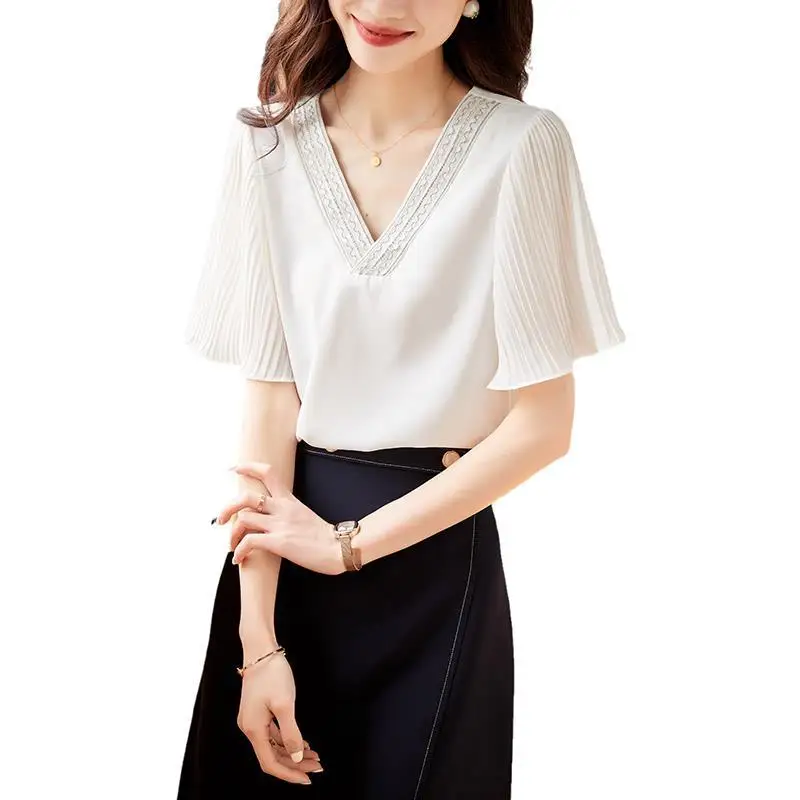 V-Hals Dunne Korte Mouw Chiffon Shirt Voor Dames Zomer Nieuwe Effen Kleur Losse Eenvoud Elegante Blouse Mode Kantoor Kleding